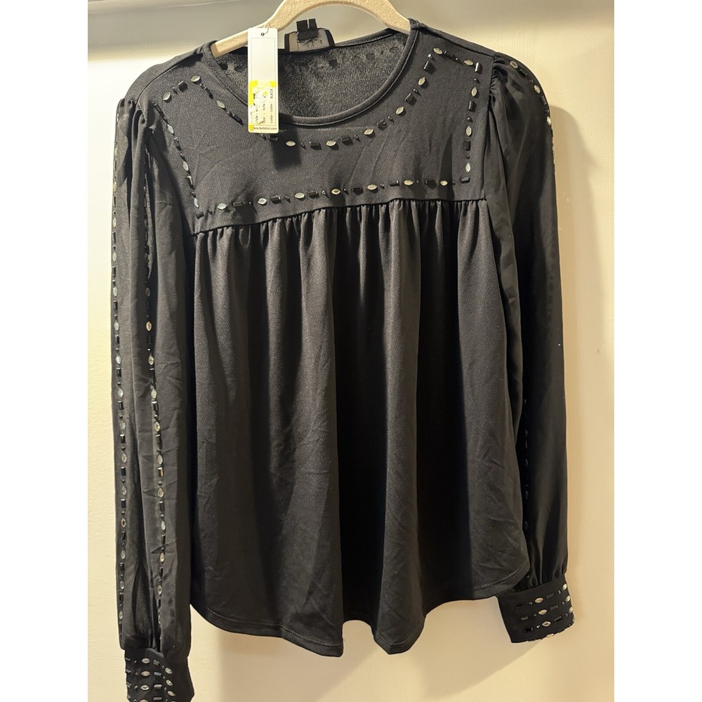 Belldini Womens Black Beaded Rhinestone Blouse Long Sleeve Party Top Petite S